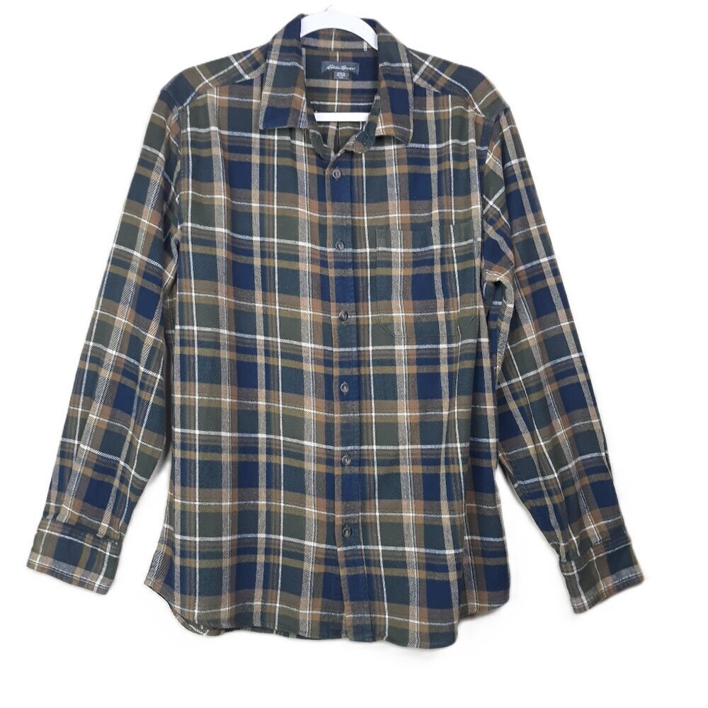 Eddie Bauer Blue Plaid Cotton Flannel Button Shirt L